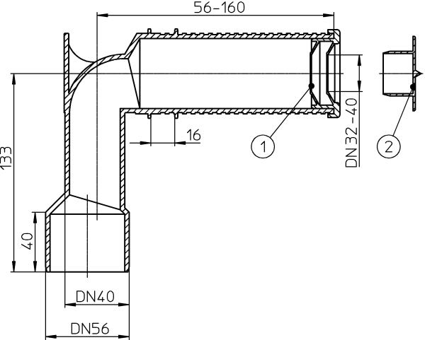 Siphonanschlusswinkel DN56 für Siphonrohre DN32 und DN40 HL34/56